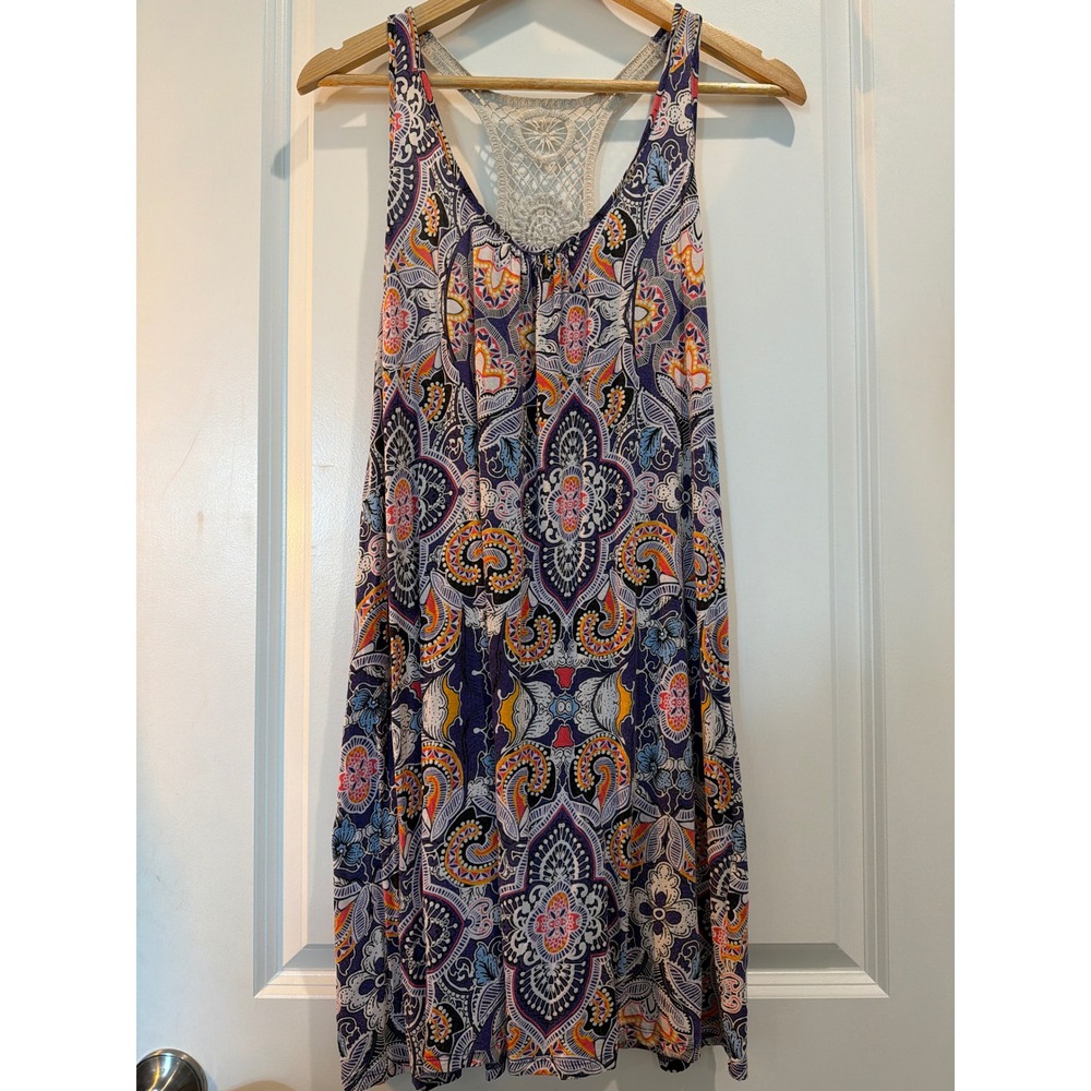 Artisan NY Paisley Racerback Dress Crochet Lace Detail Purple Orange Blue L